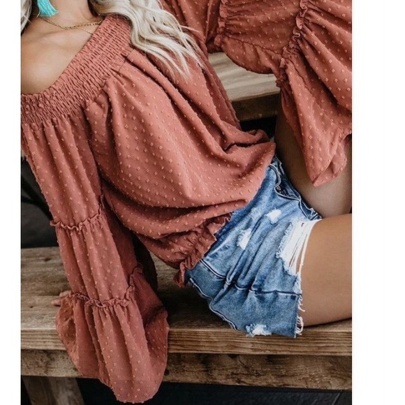 kirundo Tops - Women's BOHO Festival Sheer Top Flowy Off-Shoulder Cottagecore Polkadots‎ - NWT